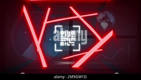 Bild eines Neon-qr-Codes mit Linien über der Datenverarbeitung und dem Scannen des Scope auf schwarzem Hintergrund Stockfoto