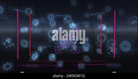 Bild eines Neon-qr-Codes mit Linien über der Datenverarbeitung und dem Scannen des Scope auf schwarzem Hintergrund Stockfoto