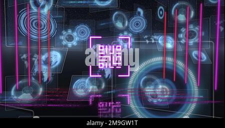 Bild eines Neon-qr-Codes mit Linien über der Datenverarbeitung und dem Scannen des Scope auf schwarzem Hintergrund Stockfoto