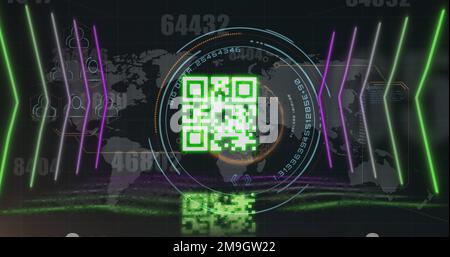 Abbildung: qr-Code über Neonformen und Oszilloskop-Scan auf schwarzem Hintergrund Stockfoto