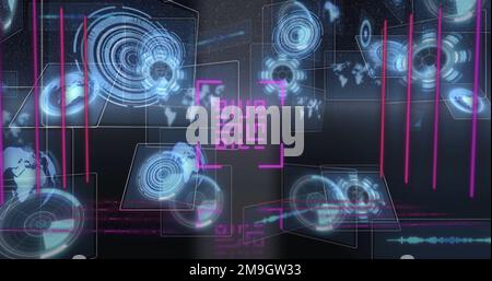 Bild eines Neon-qr-Codes mit Linien über der Datenverarbeitung und dem Scannen des Scope auf schwarzem Hintergrund Stockfoto