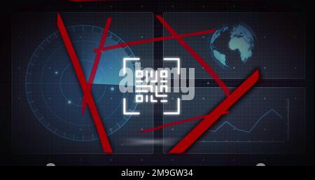 Bild eines Neon-qr-Codes mit Linien über der Datenverarbeitung und dem Scannen des Scope auf schwarzem Hintergrund Stockfoto