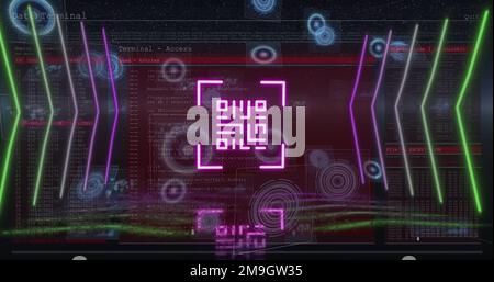 Bild des qr-Codes über Scope-Scans und Datenverarbeitung auf schwarzem Hintergrund Stockfoto