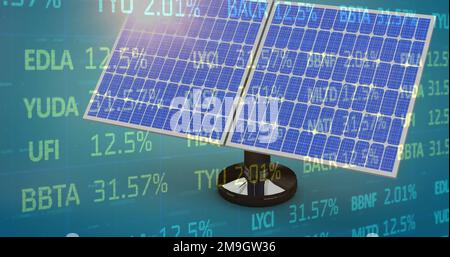 Bild von Trading Board und Solarmodul auf abstraktem Hintergrund mit Lichtreflexionen Stockfoto