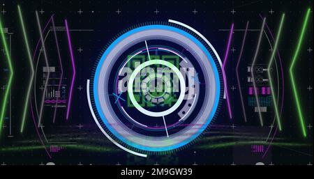 Bild des qr-Codes über Scope-Scans und Datenverarbeitung auf schwarzem Hintergrund Stockfoto