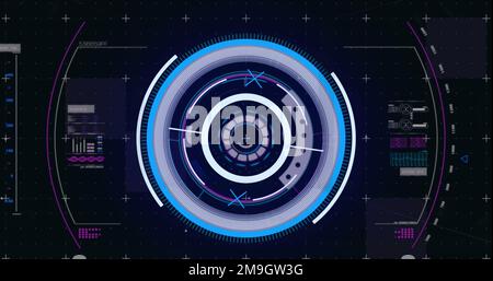 Bild des qr-Codes über Scope-Scans und Datenverarbeitung auf schwarzem Hintergrund Stockfoto