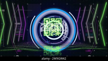 Bild des qr-Codes über Scope-Scans und Datenverarbeitung auf schwarzem Hintergrund Stockfoto