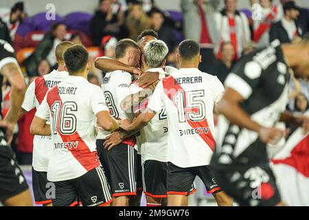 Orlando, Florida, USA, 18. Januar 2023, Die Spieler der River Plate feiern das Tor in einem freundlichen Spiel im Exploria Stadium. (Foto: Marty Jean-Louis) Kredit: Marty Jean-Louis/Alamy Live News Stockfoto