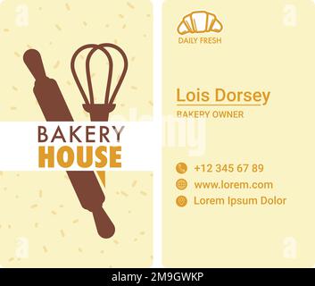 Visitenkarte für Bäckerei, Geschäft oder Geschäft mit täglich frischem Gebäck und Süßwaren. Logotyp und Kontaktinformationen des Besitzers, Telefonnummer und Websi Stock Vektor