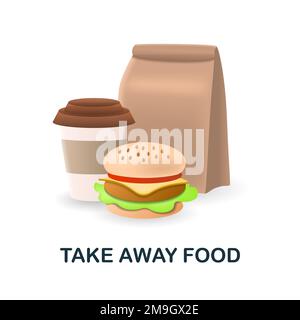 Symbol „Essen zum Mitnehmen“. 3D Abbildung aus der Fast Food-Kollektion. Kreatives „Take Away Food 3D“-Symbol für Webdesign, Vorlagen, Infografiken und mehr Stock Vektor