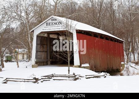 63904-03308 Beeson Covered Bridge im Billie Creek Village im Winter, Rockville, IN Stockfoto