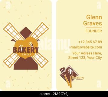Visitenkarte mit Kontaktinformationen, Gründername, Website und Telefonnummer mit Adresse des Geschäfts oder Geschäfts. Bäckerei mit Gebäck und Konfekt Stock Vektor