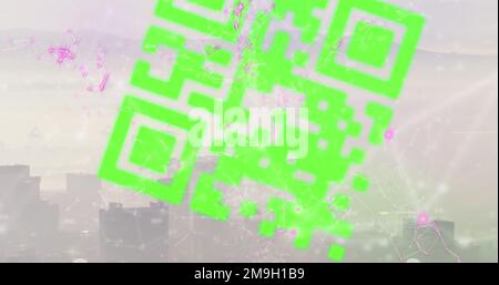 Bild von Verbindungen und Code, der über dem Stadtbild schwebt Stockfoto