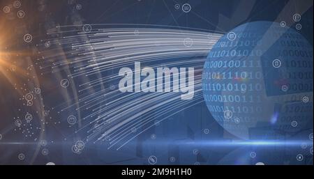 Abbildung: Symbole, die über Globus und Binärcode schweben Stockfoto