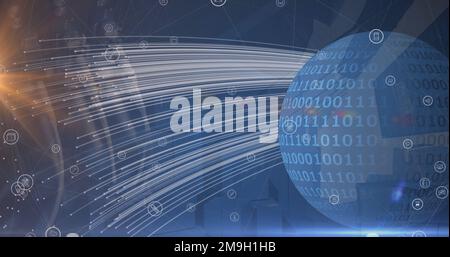 Abbildung: Symbole, die über Globus und Binärcode schweben Stockfoto