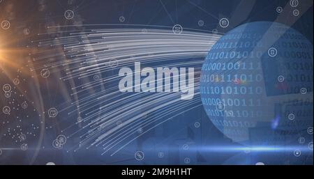 Abbildung: Symbole, die über Globus und Binärcode schweben Stockfoto