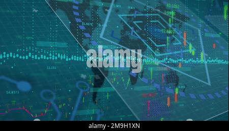 Bild der Datenverarbeitung auf Weltkarte Stockfoto