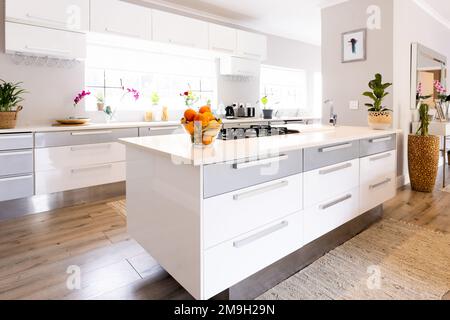 Allgemeiner Blick auf die Luxusküche mit weißen Ablageflächen und Schränken Stockfoto