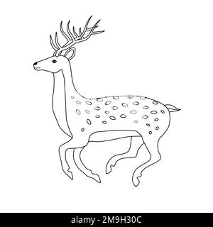 Von Hand gezeichneter Vektor, flacher Umriss, laufender Hirsch isoliert auf weißem Hintergrund Stock Vektor