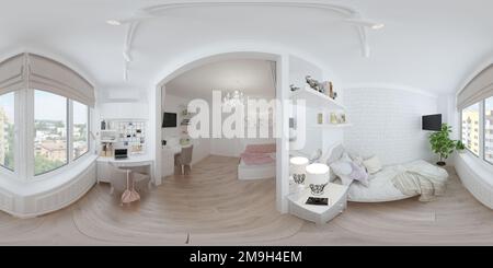 Panoramablick auf das Innere eines Kinderzimmers mit modernem Design, weiße Farbe und 360-Grad-Panoramablick. 3D Kinderschlafzimmer. Stockfoto