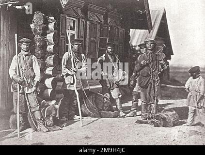 Vladimir Andreevič Karrik - eine Gruppe finnischer Bauern mit Musikinstrumenten und Bären an der Leine - 1880 Stockfoto