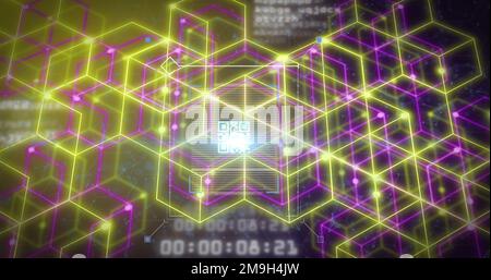 Zusammensetzung des qr-Codes über Neonformen und Datenverarbeitung auf schwarzem Hintergrund Stockfoto
