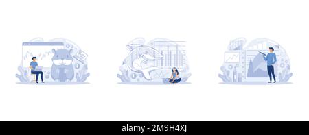 Marktmanipulation und Aktienkontrolle mit Großmacht. Metapherset für Hamster und Haie. Gefälschte Daten für die Unternehmensbewertung, Flachvektor festlegen Stock Vektor