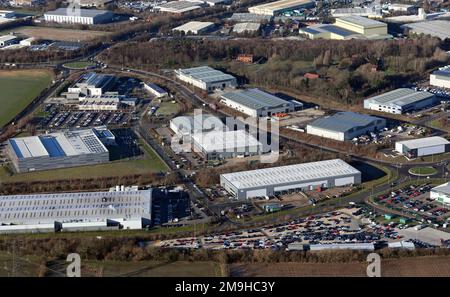 Ein Teil des Normanton Industrial Estate in der Nähe von Castleford, West Yorkshire, aus der Vogelperspektive Stockfoto