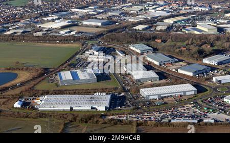 Ein Teil des Normanton Industrial Estate in der Nähe von Castleford, West Yorkshire, aus der Vogelperspektive Stockfoto