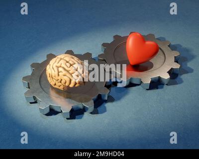 Herz und Gehirn auf einem Zahnradmechanismus. Digitale Illustration, 3D-Rendering. Stockfoto