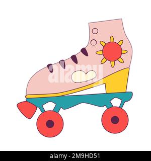 Retro-Rollschuh-Ikone mit Sonne und Wolken. Vintage-pinkfarbene Schuhe im psychedelischen 1970-Stil. Romantische Aktivität. Vektordarstellung. Stock Vektor