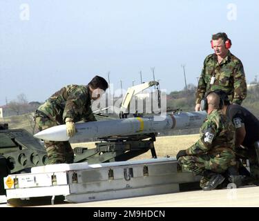 MASTER Sergeant (MSGT) DER US-Luftwaffe (USAF) Dennis Katzur (ganz rechts), Technical Sergeant (TSGT) Roy Garza und TSGT Frank Diaz, 149 Fighter Wing (FW), Texas (TX) Air National Guard (ANG), Heben Sie mit einem MJ-1-Waffenlader eine AIM-120 Advanced Medium Range Air-to-Air Rakete (AMRAAM) aus ihrem Aufbewahrungskoffer an der Fluglinie des Luftwaffenstützpunkts Kelly (AFB), TX. Betreff Operation/Serie: DAUERFREIHEITSBASIS: Luftwaffenstützpunkt Kelly Bundesstaat: Texas (TX) Land: Vereinigte Staaten von Amerika (USA) Stockfoto