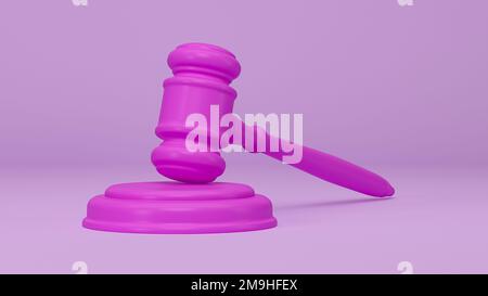 Magentafarbener Hammer auf violettem Hintergrund mit Schatten-3D-Illustration, Auktionshammer Gebotssymbol, Gesetzeskonzept Stockfoto