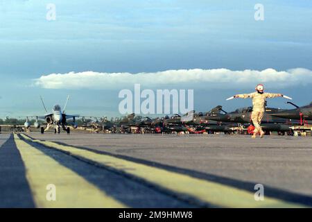 Ein FA-18D Hornet von der Marine Corp Air Station (MCAS) Miramar, Kalifornien, Taxifahrten von französischen Mirage-Kämpfern bei Ankunft am Manas Airport, Kirgisistan, zur Unterstützung der Operation DAUERHAFTE FREIHEIT. Betreff Operation/Serie: DAUERFREIHEITSBASIS: Peter J. Ganci Jr. Bundesstaat Luftstützpunkt: Oblast Chuskaya Land: Hauptkommando der Szene Kirgisistan (KGZ) gezeigt: CENTAF Stockfoto