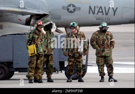 US Navy (USN)-Flugzeugkapitäne stehen bereit, während Mitarbeiter EA-6B-Prowler der Electronic Attack Squadron-133 (VAQ 133) aus Woodby Island, Washington, vorbereiten, um während der Übung NORTHERN EDGE 2002 eine Mission vom Luftwaffenstützpunkt Eielson (AFB), Alaska, zu fliegen. Land: Vereinigte Staaten von Amerika (USA) Stockfoto