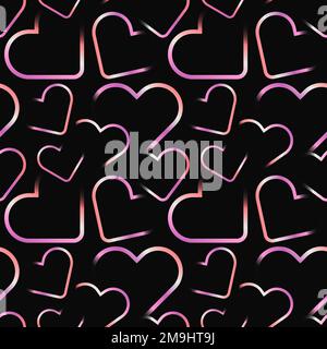 Cooles, nahtloses Muster mit leuchtenden Neonfarben zufällige Herzen auf schwarzem Hintergrund. Gradient Pink Heart Ästhetik quadratische Schablone für Social Stock Vektor