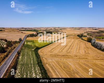 Luftaufnahme von landwirtschaftlichen Feldern und Straßen im Sommer. Burgos, Castilla Leon. Draufsicht der Drohne Stockfoto