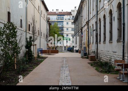 Avignon, Vaucluse, Frankreich, 12 29 2022 - schmale Straße mit weißen Fassaden von Wohnhäusern Stockfoto