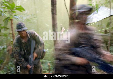 US Marine Corps (USMC) Lance Corporal (LCPL) Jason Almanza und LCPL Steven Vallis, mit Bodenkampfelement, Landing Force Cooperation über Wasser, Bereitschaft und Training (CARAT), stürzen rasend schnell und intensiv durch den Dschungel von Brunei. Land: Brunei Darussalam (BRN) Stockfoto