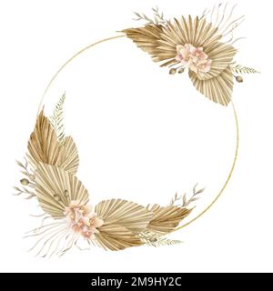 Aquarell Boho Kranz mit handbemalten tropischen Blumen aus rosa Orchideen und getrockneten Palmenblättern. Isolierter Rahmen mit Zweigen von Pampas umkreisen. Romantische böhmische Blumenvorlage für Hochzeitseinladungen Stockfoto