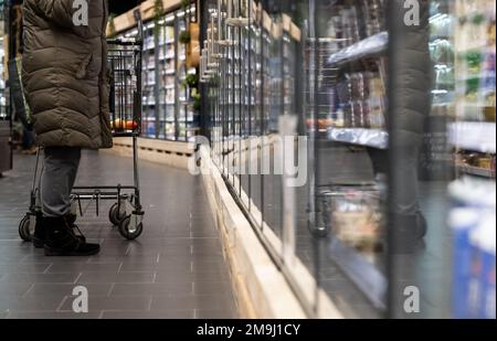 Neubiberg, Deutschland. 18. Januar 2023. Eine Frau steht mit einem Einkaufswagen in einem Kühlregal in einem Supermarkt. Kredit: Sven Hoppe/dpa/Alamy Live News Stockfoto