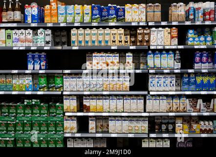 Neubiberg, Deutschland. 18. Januar 2023. Milchprodukte sind in einem Kühlregal in einem Supermarkt. Kredit: Sven Hoppe/dpa/Alamy Live News Stockfoto