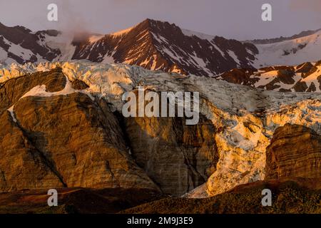 Blick auf den Bertrab-Gletscher (hängender Gletscher) am frühen Morgen bei Sonnenaufgang im Gold Harbor, South Georgia Island, Sub-Antarktis. Stockfoto