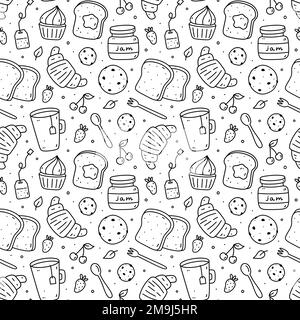 Süßes, nahtloses Muster mit Frühstücksspeisen - Tee, Toast, Marmelade, Croissants, Kekse, Cupcakes und Beeren. Handgezeichnete Vektorgrafik. Perfekt für Druck, Verpackung, Tapete, verschiedene Designs. Stock Vektor