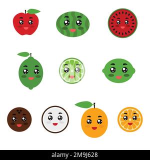 Ganze und geschnittene Früchte wie Kawaii-Figuren. Früchte sind Apfel, Wassermelone, Zitrone, Limette, Kokosnuss, Orange. Ein Stück Obst. Weißer Hintergrund. Isoliert. Stock Vektor