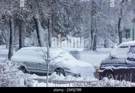 Das Auto war mit Schnee bedeckt, Schneefall an einem Wintertag, ein schneebedecktes Auto nach einem Schneefall in der Stadt. Stockfoto