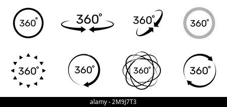 360-Grad-Symbolsatz. Symbol mit Pfeil zur Anzeige der Drehung, der virtuellen Realität oder des Panoramas um 360 Grad. Vektordarstellung Stock Vektor