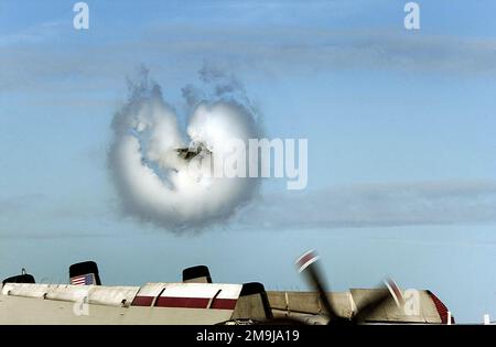 Ein Blick von Bord der US Navy (USN) NIMITZ-KLASSE: Aircraft Carrier, USS GEORGE WASHINGTON (CVN 73), zeigt ein USN F-14 Tomcat-Flugzeug, das dem Fighter Squadron One Zero Three (VF-103) zugewiesen ist und in der Nähe des Schiffs einen Hochgeschwindigkeitsflug durchführt. Die Feuchtigkeit in der Luft um das Flugzeug kondensiert zu Wasserdampf, wenn das Flugzeug die Schallbarriere durchbricht. Betreff Betrieb/Serie: DAUERFREIHEITSBASIS: USS George Washington (CVN 73) Stockfoto