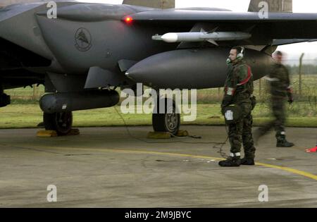 US Air Force (USAF) 48. Aircraft Maintenance Squadron (AMS) Bodenteams der Royal Air Force (RAF) Lakenheath, England, führen einen Preflight Check durch, während sie einen F-15E Strike Eagle starten. Basis: RAF Lakenheath Bundesstaat: East Anglia Country: England / Großbritannien (eng) Szene Hauptkommando gezeigt: USAFE Stockfoto