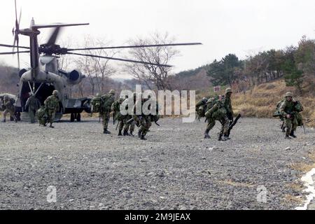 Personal des US Marine Corps (USMC), das 2. Bataillons, 7. Marines und Marines der Republik Korea (ROK) während des koreanischen Inkrementellen Trainingsprogramms (KITP) im Camp Mu juk, Korea, von einem USMC CH-53D Sea Hallion Helicopter Squadron 463 (HMH-463) entladen wurde. KITP ist eine gemeinsame Übung mit US-Marines und den ROK-Marines. Basis: Camp Mu juk Land: Republik Korea (KOR) Stockfoto